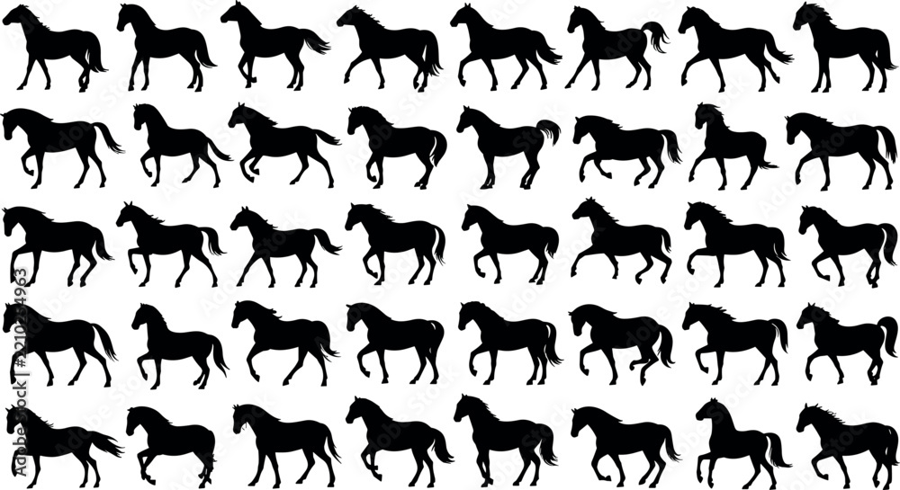 Fototapeta premium Horse Running Motion Sequence Silhouettes Set with Galloping Stallions and Mustangs Vector Illustration