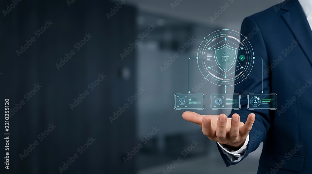 Obraz premium Business professional presenting a glowing digital network interface with a confident gesture
