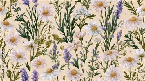 Wildflowers creating a repeating botanical pattern, showing delicate chamomile and fragrant lavender on a cream background
