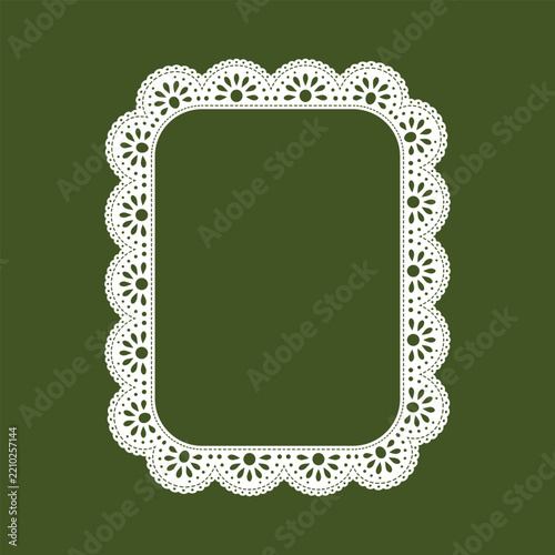 Vector tall rectangular lace frame with delicate floral border and rounded corners. Elegant vintage coquette styling complements wedding invitations, cards and labels.
