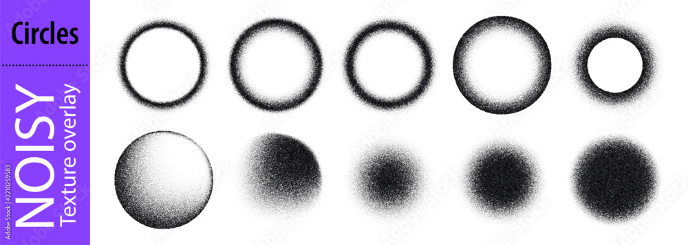 Naklejka premium Grainy gradient pattern circle, noisy paint spray brush. Black sand splitter round shape, dust stipple abstract texture. Dotted hatching halftone frame with radial ring, and circular fluid splash