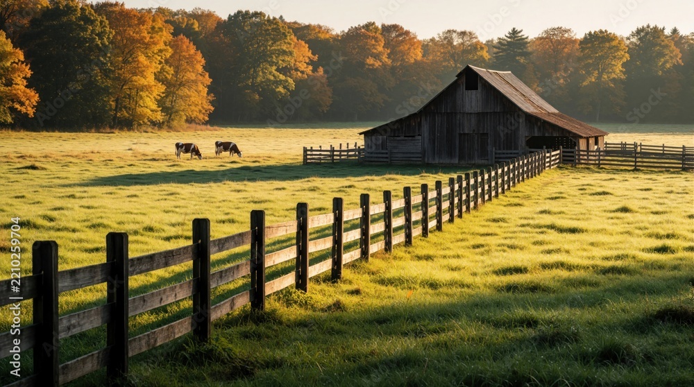 Obraz premium Old wooden barn stands in rich green pasture under golden sunlight. Cows graze near long fence in farm field. Autumn trees with colorful leaves surround rural landscape. Peaceful countryside scenery