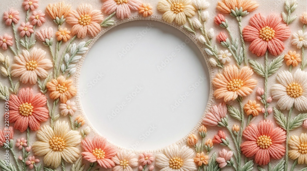 Fototapeta premium Pastel floral embroidery frame with colorful flowers on fabric texture. Cute spring blossom border around white circle. Pink, orange garden blooms decorate wedding invitation greeting card
