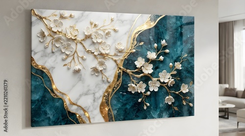 Elegant 3D floral art with marble and teal abstract background, showcasing delicate blossoms and golden accents