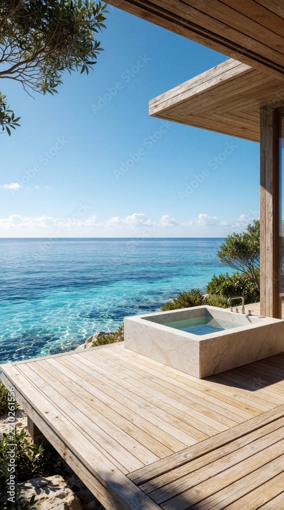 Fototapeta premium Modern wooden terrace with stone plunge pool overlooking blue ocean. Luxury villa balcony features minimalist design, tropical green plants. Peaceful seascape view under clear sunny sky. Calm seaside