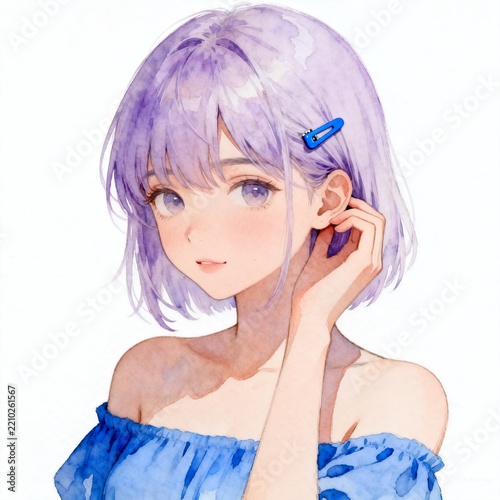 Young anime girl with short lavender hair touching her ear wearing blue off shoulder top