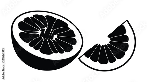 Black citrus fruit slices silhouette graphic set featuring peeled orange segments for creative kitchen decor culinary design and menu art.