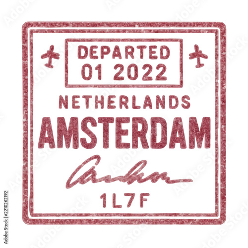 Red ink amsterdam netherlands airport departure passport stamp with date and airplane icon