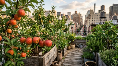 Urban rooftop garden with cityscape view