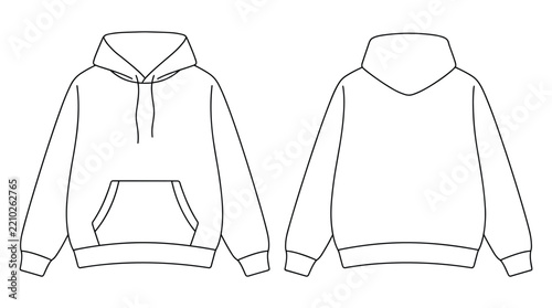 Minimalist outline hoodie template front and back views features clean black strokes on transparent background for apparel mockups.