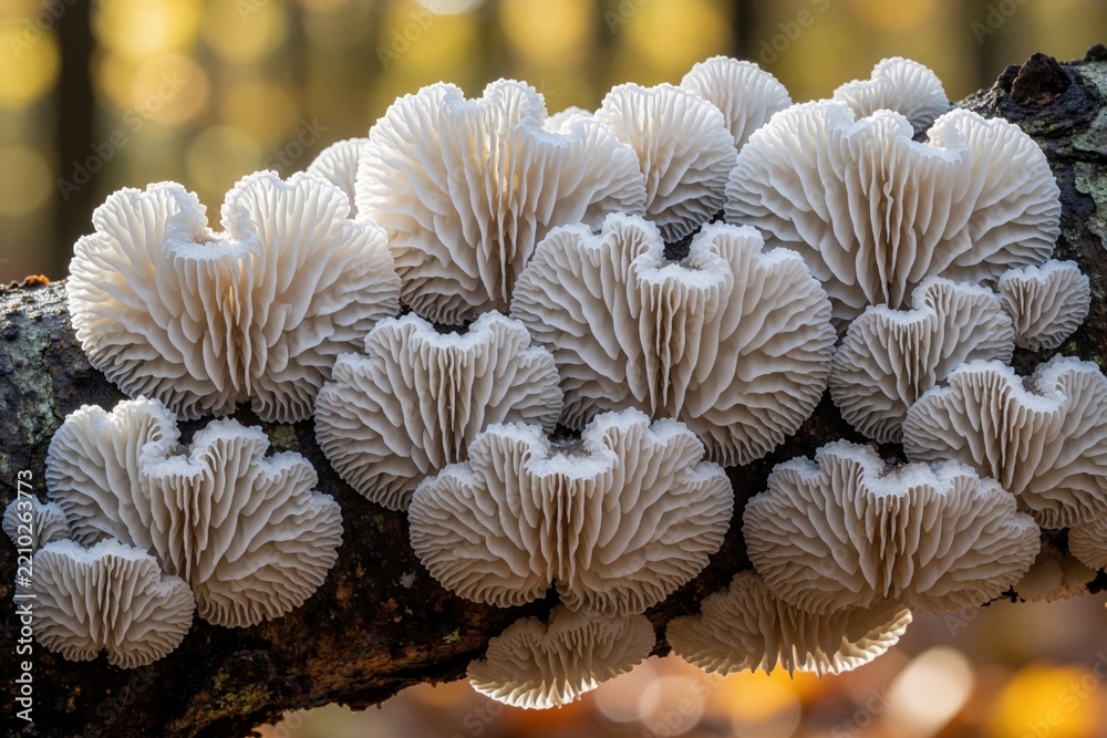 Obraz premium Macro view of white Plicaturopsis crispa mushrooms on tree branch. Group of crimped gill fungi grows on wood in autumn forest. Close up shot shows beautiful texture of fungal growth in nature.