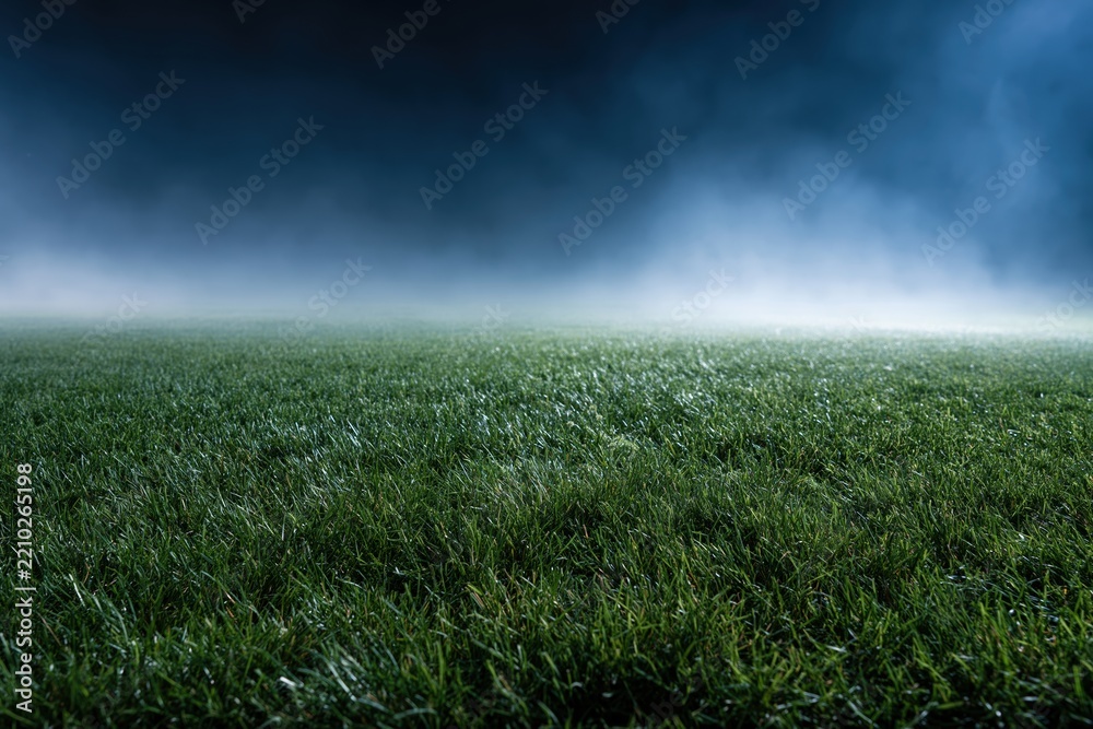 Obraz premium The Field in Twilight: Mist Over Green Grass Landscape at Distant Horizon