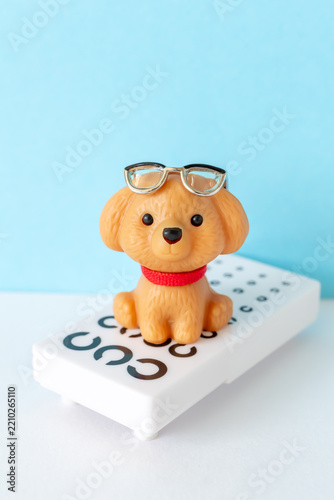 Obraz na płótnie 視力検査表と眼鏡をかけた犬 動物の視力 老眼 近視 遠視 乱視 眼科