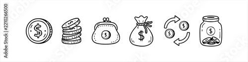 Set of financial and investment icons in doodle line art style showing money coins wallet sack and savings