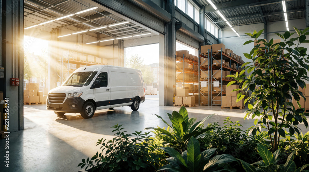 Naklejka premium White delivery van parked inside modern logistics warehouse. Sunlight streams through open doors onto storage shelves with cardboard boxes. Green plants in foreground create eco friendly vibe in