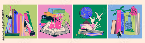 Stack of books, book pile set. Bookstore, library, cozy, leisure reading concept. Detective, adventure, horror, fantasy, mystery, thriller, romance literature. Hand drawn trendy Vector illustration