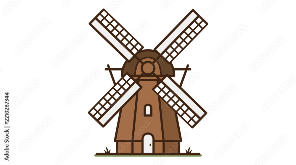 Fototapeta premium Flat vector illustration of a traditional brown wooden windmill on a white background rural farm architecture icon