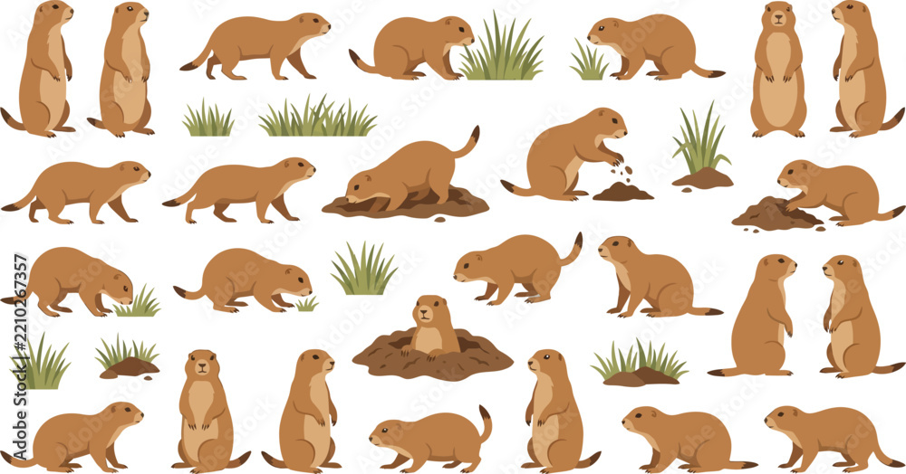 Obraz premium Prairie dogs in various poses and activities with grass and dirt elements in a vector illustration style