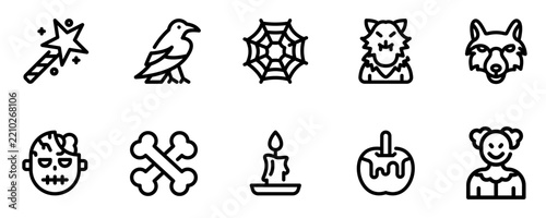 Halloween Line Art Icon Set – Spooky Hand Drawn Halloween Symbols and Decorative Elements