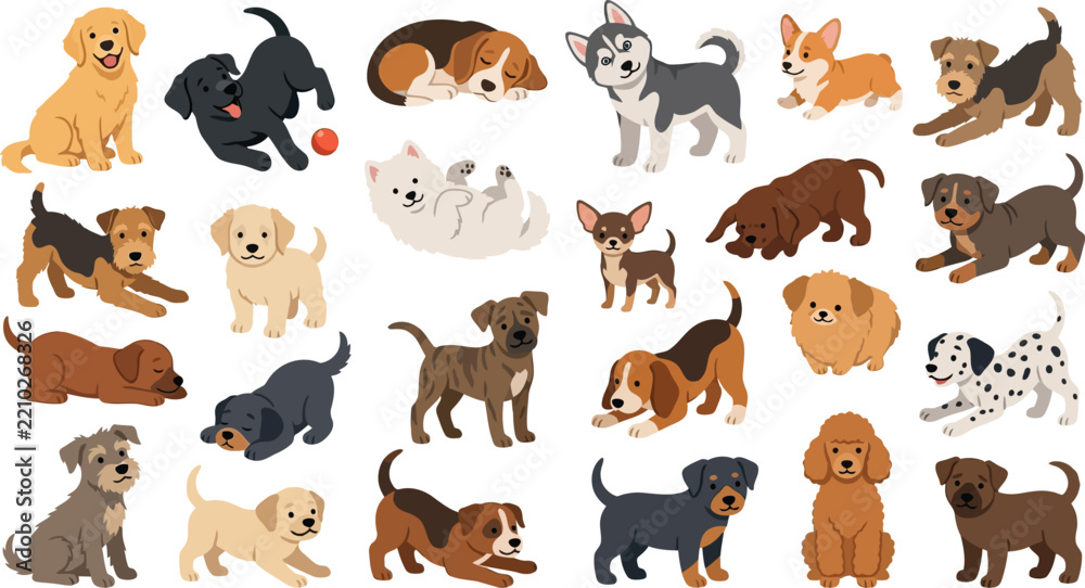 Obraz premium Various playful puppies in a clean white background vector illustration with copy space