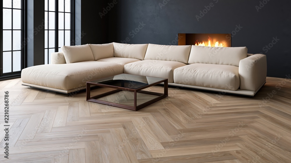 Obraz premium The Cream Sectional Sofa in a Modern Living Room with Fireplace