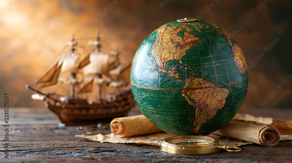 Naklejka premium Columbus Day maritime still life with a classic wooden sailing ship model surrounded by rolled maps, nautical rope and brass compass, objects arranged on the lower right, clean bright background wit