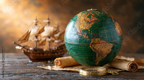 Columbus Day maritime still life with a classic wooden sailing ship model surrounded by rolled maps, nautical rope and brass compass, objects arranged on the lower right, clean bright background wit