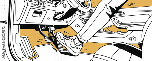 Close-up illustration of a sneaker-clad foot pressing the accelerator pedal inside a modern car, with dashboard and interior details.