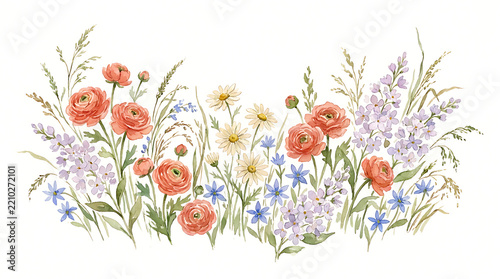 Watercolor of a horizontal floral border featuring orange ranunculus, purple lupine, white daisies, and wild grasses, isolated on a white background, for seasonal decor, and invitations