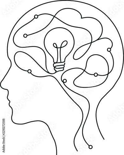 Human head profile with lightbulb and circuit lines a continuous line drawing
