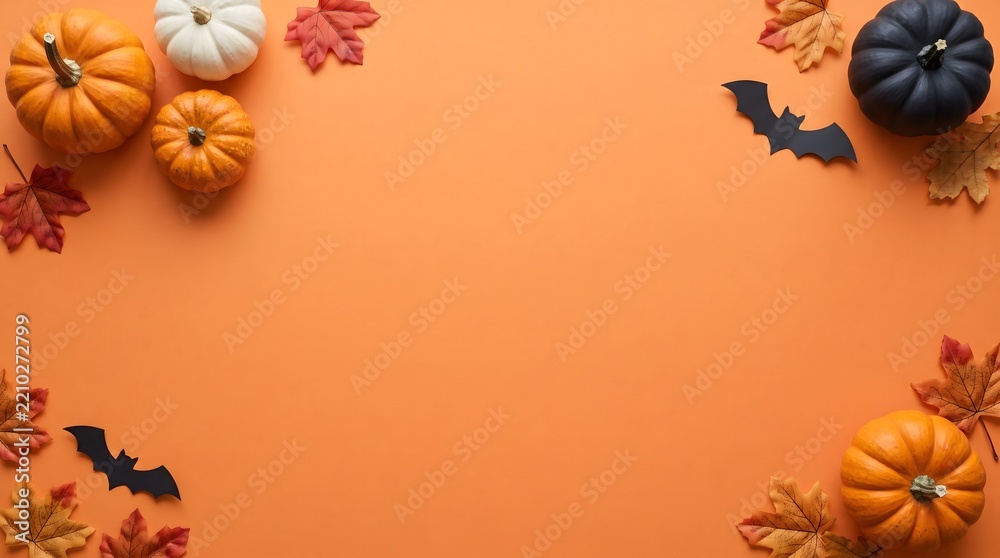 Fototapeta premium Halloween Autumn Pumpkins and Bat Decorations on Orange Background