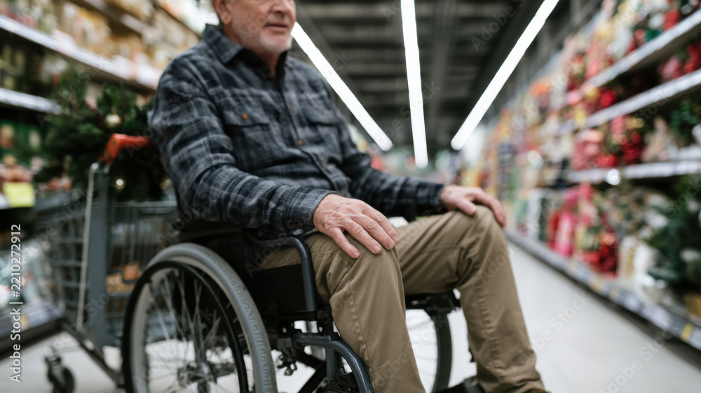 Obraz premium Wheelchair user shopping for christmas gifts in a spacious store aisle surrounded by festive decorations and seasonal merchandise