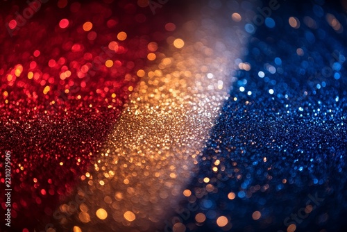 Red, white and blue glitter background with bokeh lights in the colors of France flag for French national holiday or celebration, Generative AI