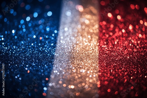 Red, white and blue glitter background with bokeh lights in the colors of France flag for French national holiday or celebration, Generative AI