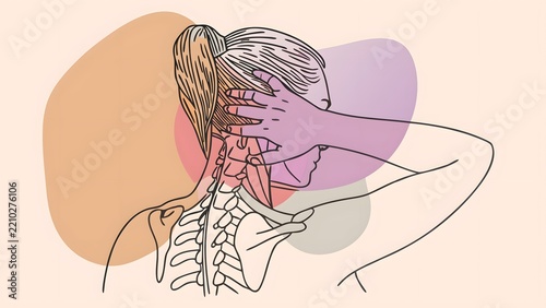 Cervical spine and neck pain medical illustration. Chiropractic care and muscle tension relief concepts. Woman touching her neck with visible spine anatomy