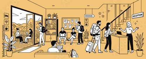 Illustrated hostel reception and lounge show travelers checking in, relaxing, and preparing for a stay in shared accommodation.