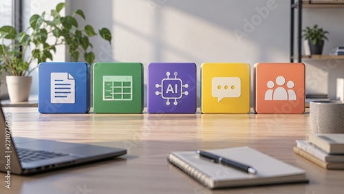 Colorful office blocks featuring document, spreadsheet, AI, chat, and team icons illustrate AI literacy as a basic workplace skill.