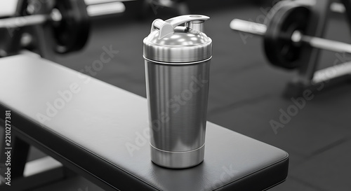 Stainless steel shaker bottle gym equipment mockup, blank spaces for text