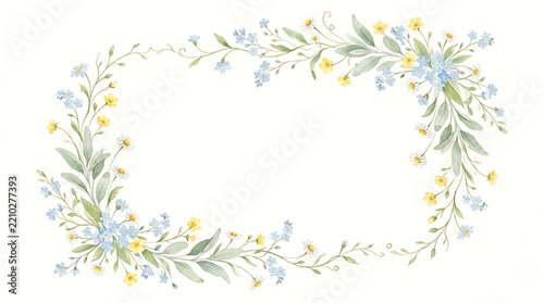 Watercolor oval floral wreath with delicate blue forget-me-nots, yellow wildflowers, and green leaves, isolated on a white background, botanical frame for wedding cards and spring seasonal decor