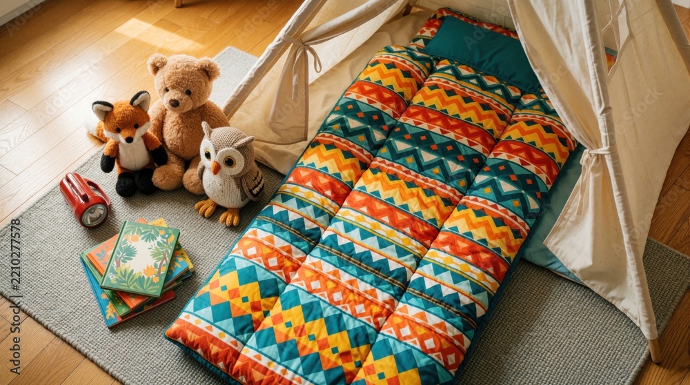 Fototapeta premium Cozy indoor camping setup for kids in playroom. Colorful sleeping bag lies inside white teepee tent on grey rug. Stuffed animals, plush teddy bear, fox, owl, books stay near tent for fun childhood