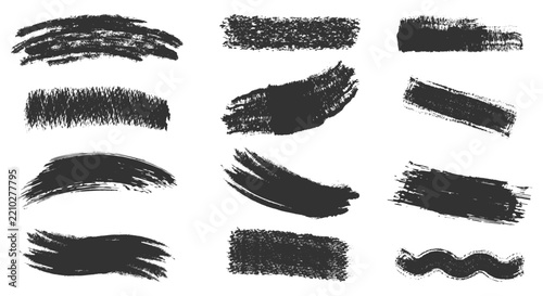 Black grunge ink brush stroke set with paint texture banner for graphic background decoration.