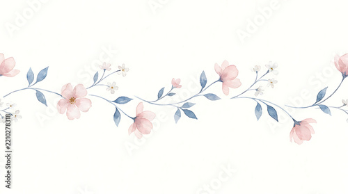 Watercolor floral seamless border with delicate pink cherry blossoms and light blue leaves on thin winding branches, hand-painted botanical horizontal garland isolated on a white background for