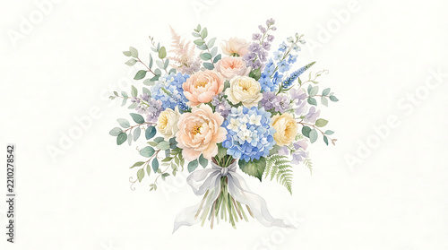 A lush bridal bouquet of watercolor peach roses, blue hydrangeas, lavender, and green eucalyptus, tied with a soft grey ribbon, isolated on a white background, for wedding stationery