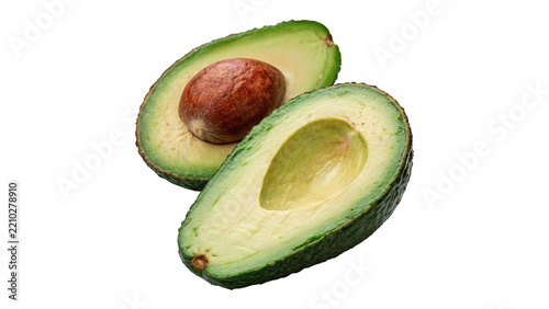 Two fresh green halves of ripe organic avocado with core isolated on transparent background