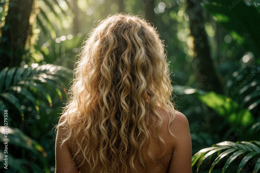 Obraz premium Back view of blonde woman with long wavy hair in tropical jungle. Natural hair texture, curls glow in sunlight. Rich green forest background with palm leaves creates organic beauty, wellness vibe for