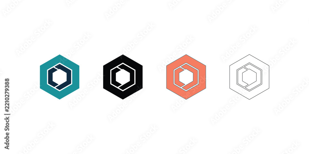 Obraz premium Modern abstract geometric hexagonal emblem designs with an interconnected inner shape, displayed in diverse color variations and outline styles, ideal for contemporary branding, technology