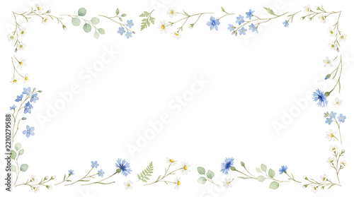 A rectangular floral frame border made of watercolor blue cornflowers, small white daisies, green leaves, and fern fronds, arranged on a white background, for invitations or, greeting card