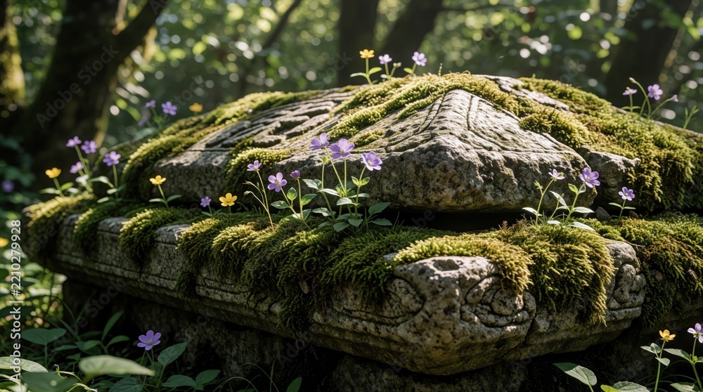Obraz premium Ancient stone tomb covered in thick green moss in dark forest. Small purple, yellow flowers grow on old grave relic. Overgrown memorial sits in rich woodland scenery with sunlight filtering through