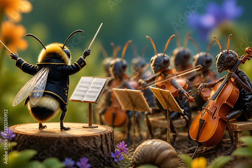 Ant musicians are performing with violins and other instruments in a lush, outdoor garden setting.