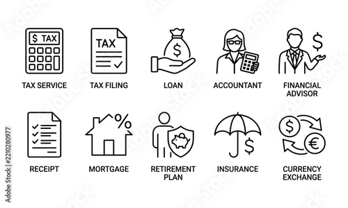 Financial advisory and corporate accounting service line icon set vector for tax filing application, bank loan mortgage, currency exchange, wealth retirement plan, and money insurance management.
